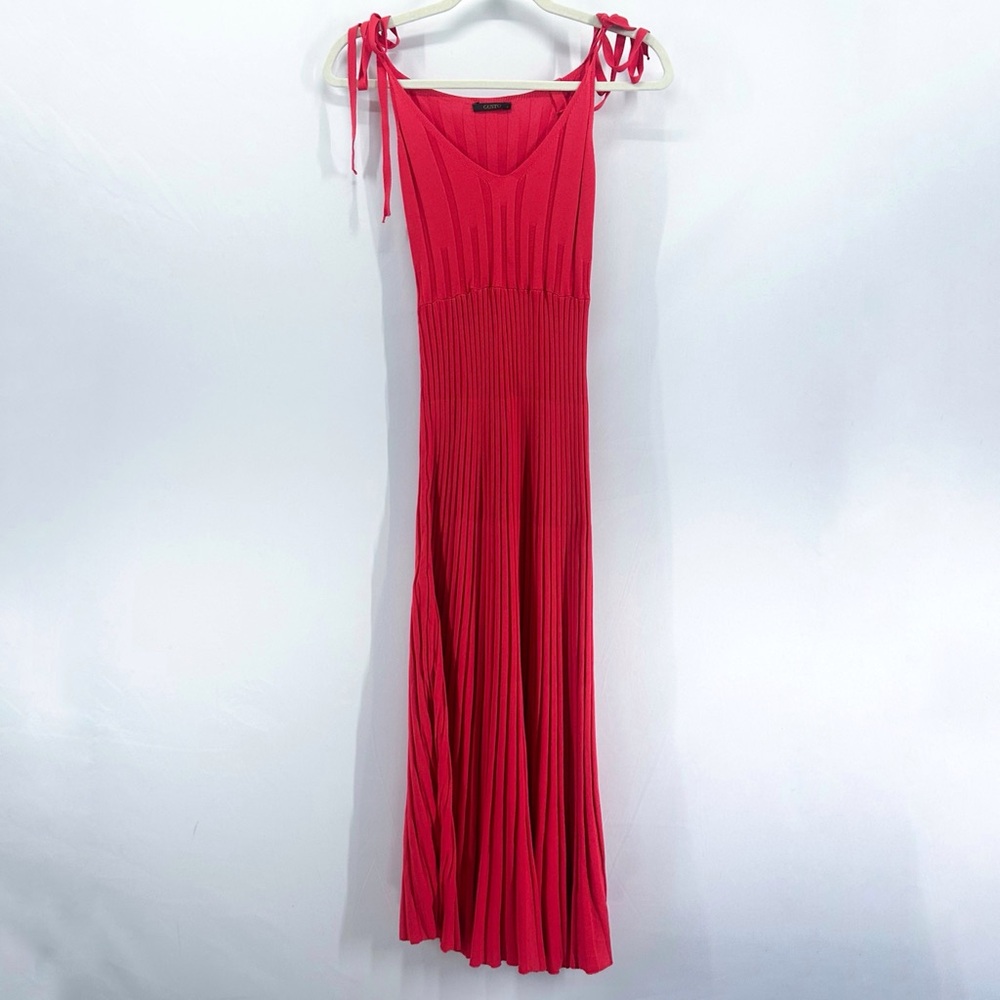 Gusto Red Rib Knit Pleated Midi Dress Bow Straps